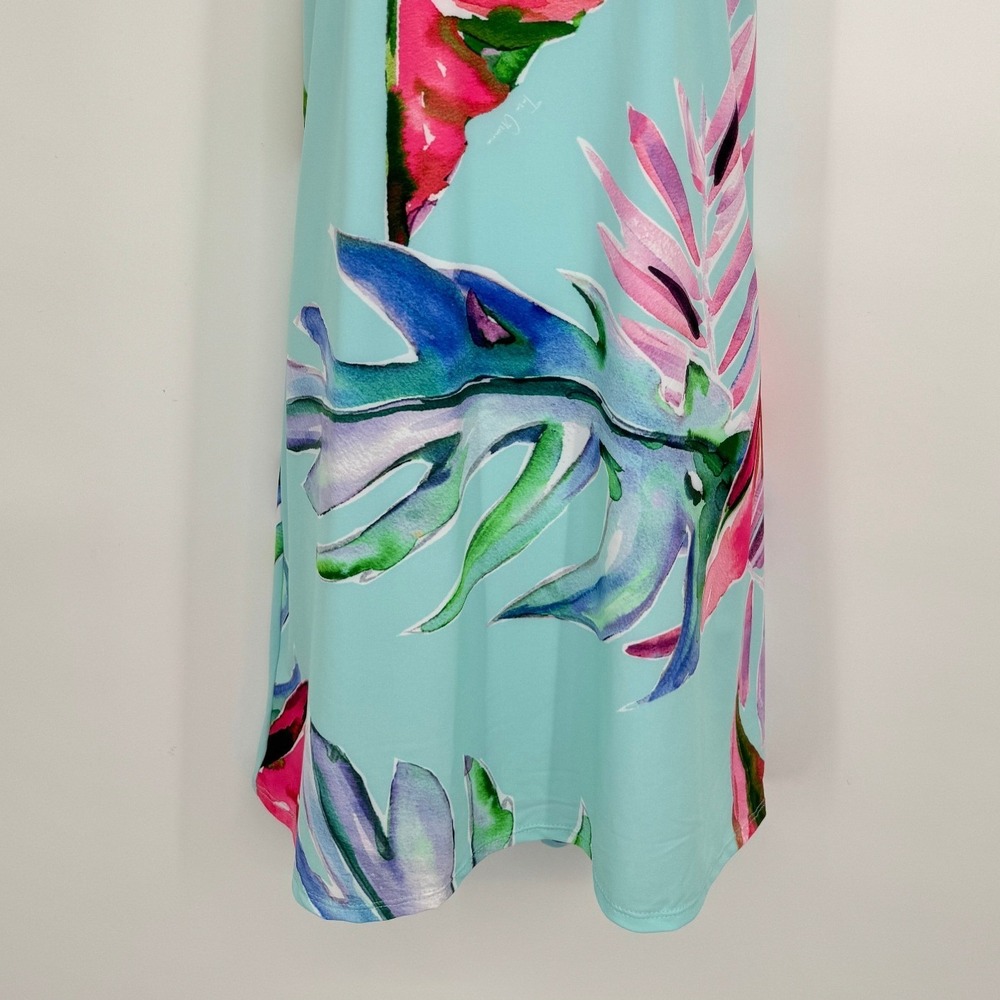Tara Grinna Halter Dress Large Blue Tropical Floral Palm Leaf Beach Vacation - Picture 3 of 10